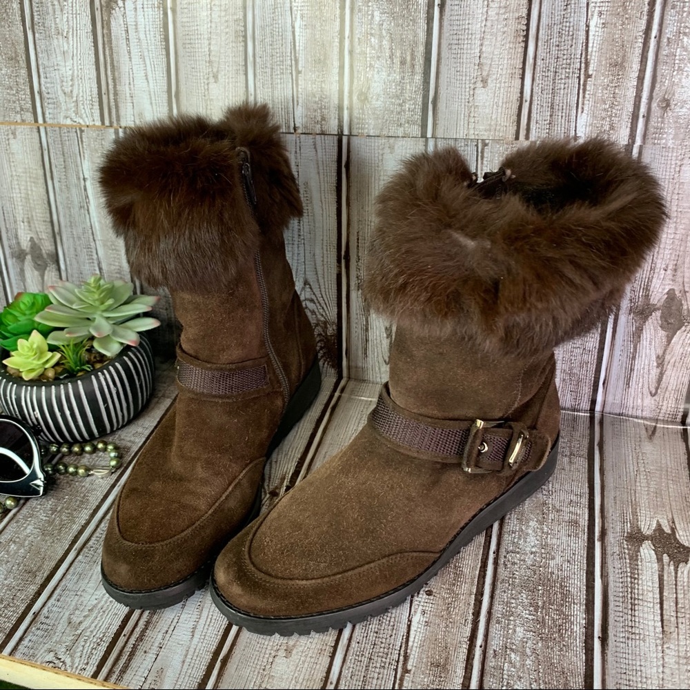 STUART WEITZMAN Luxury Warm Winter Fur Cuffed Chocolate Suede Flat Boots, 7 - Picture 10 of 16